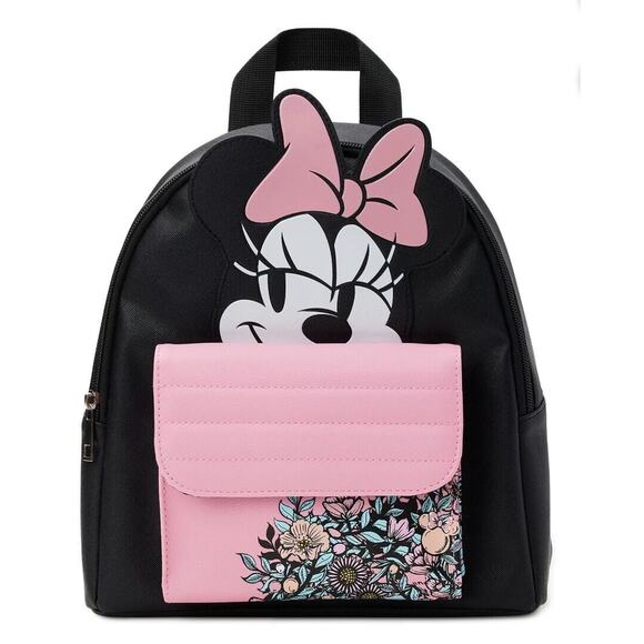Bioworld Disney Minnie Mouse Black & Pink Graphic Mini Backpack, NWT Bow Floral - Picture 2 of 5